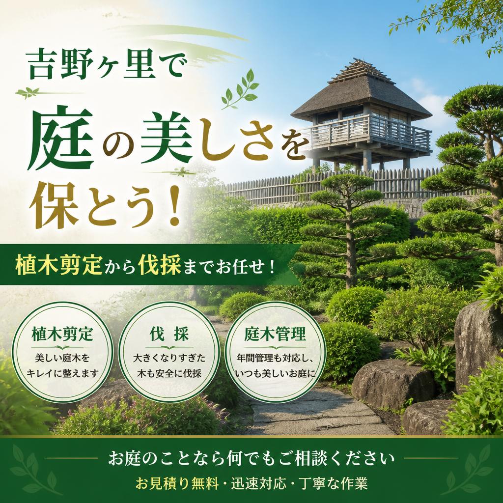 吉野ヶ里で庭の美しさを保とう！\n植木剪定から伐採までお任せ！