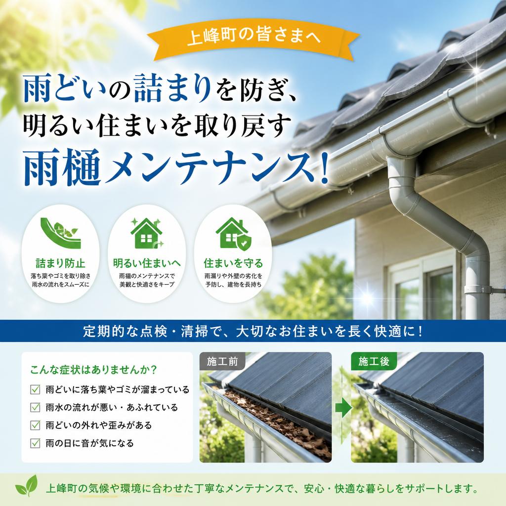 上峰町の雨どいの詰まりを防ぎ、明るい住まいを取り戻す雨樋メンテナンス！