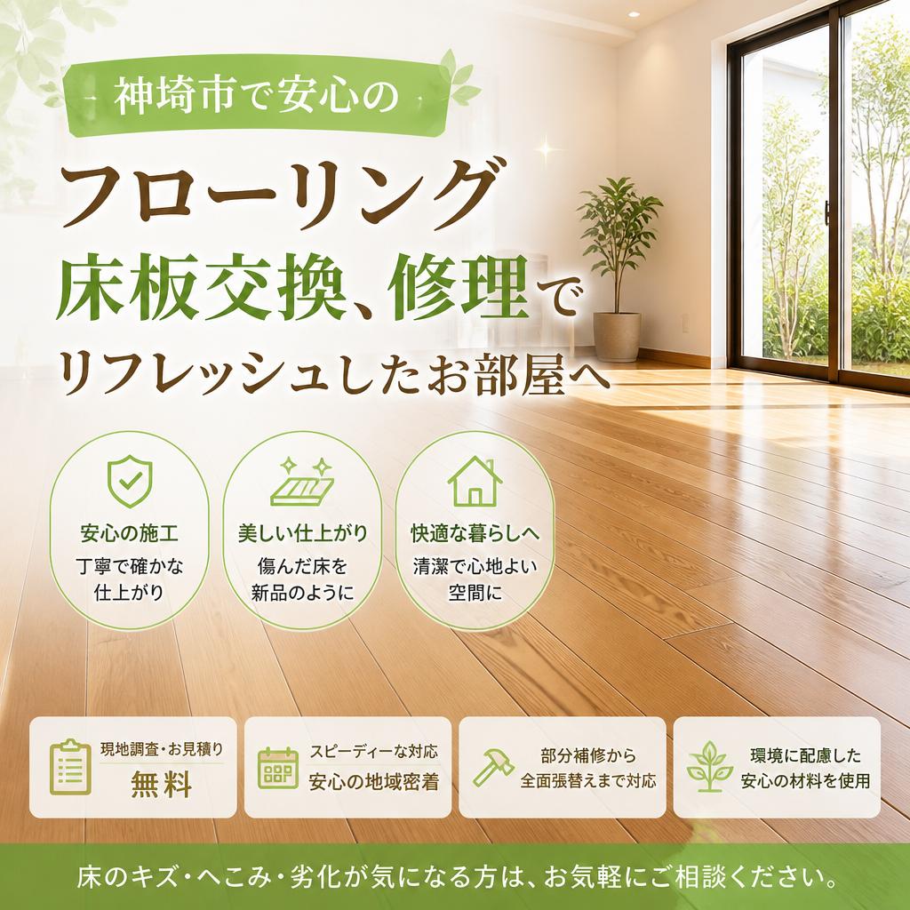 「神埼市で安心のフローリング床板交換、修理でリフレッシュしたお部屋へ」