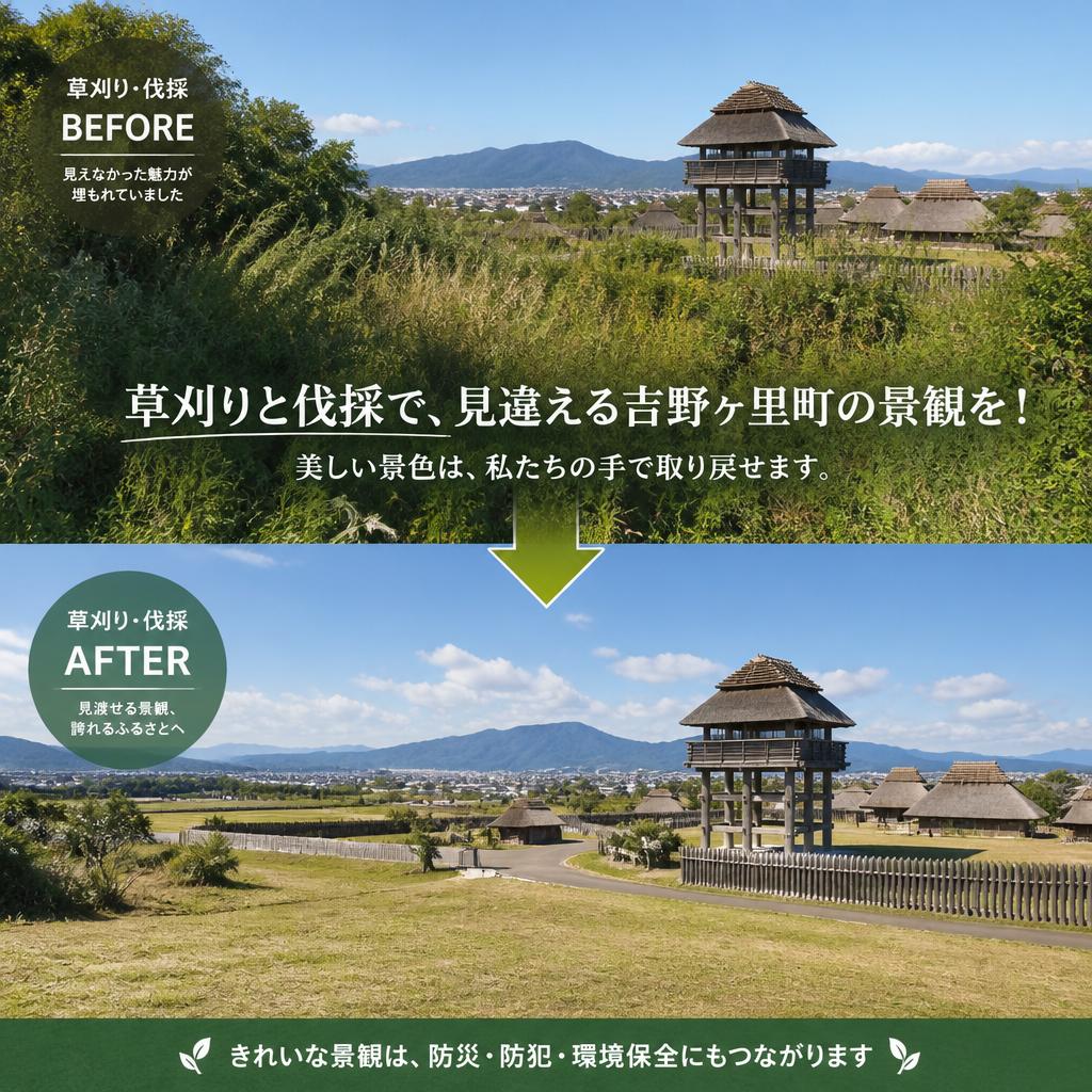 草刈りと伐採で見違える吉野ヶ里町の景観を！